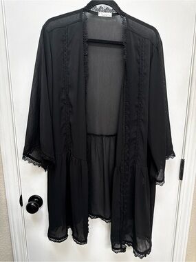 Sheer Black Lace-Trim Open Kimono Robe